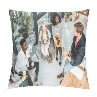 Personality  High Angle View Of Multiethnic Business Coworkers Resting During Coffee Break In Office Pillow Covers