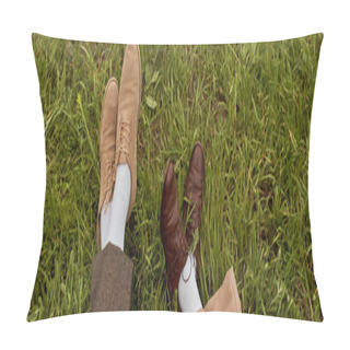 Personality  Top View Of Legs Of Romantic Couple In Pants And Vintage Shoes Sitting Together On Green Grassy Meadow, Stylish Partners In Rural Escape, Romantic Getaway, Banner Pillow Covers