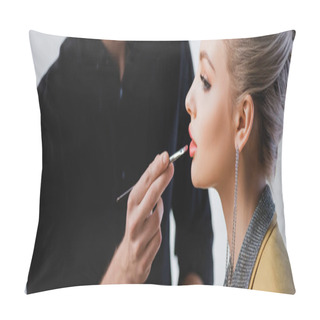 Personality  Panoramic Shot Of Makeup Artist Doing Makeup To Stylish Model On Backstage Pillow Covers