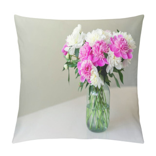 Personality  Bouquet Of Fresh Big Pink, White And Cream Peonies In Simple Glass Jar On Glance Table Indoor. Vase With Beautiful Tender Spring Flowers On Glass Table Pillow Covers
