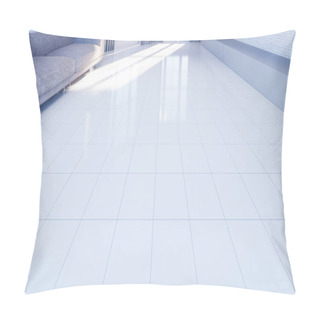 Personality  3d Rendering Of White Tile Floor With Grid Line And Shiny Reflection With Clear Glass Door In Perspective View, Clean And New Condition Use To Background. Pillow Covers