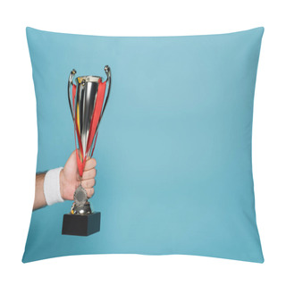 Personality  Cropped View Of Sportsman Holding Trophy With Medal On Blue Pillow Covers