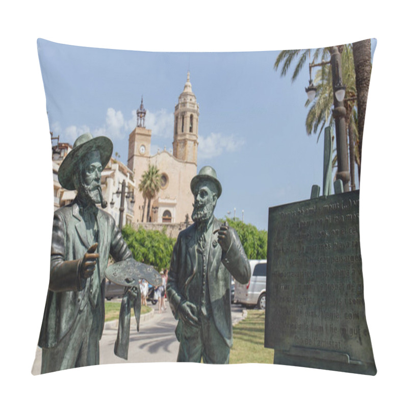 Personality  SITGES, SPAIN - APRIL 30, 2020 : Monument to Santiago Rusinol and Ramon Casas on urban street pillow covers