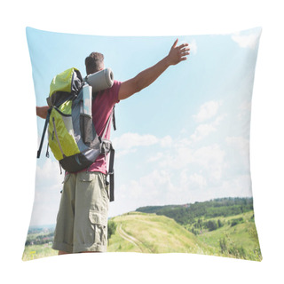 Personality  Tourist With Backpack Standing With Outstretched Hands On Summer Meadow With Cloudy Sky Pillow Covers