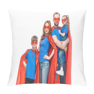 Personality  Super Family In Masks And Cloaks Looking At Camera Isolated On White  Pillow Covers