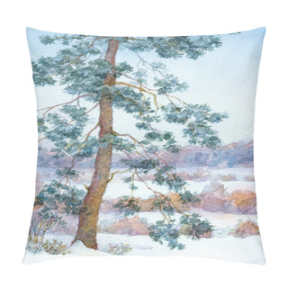 Personality  Watercolor Landscape. Pine Tree In The Winter Steppe Pillow Covers