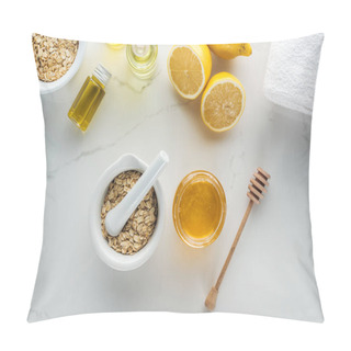Personality  Top View Of Pounder With Oat Flakes, Bowl With Honey, Lemons And Various Components On White Surface Pillow Covers