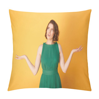 Personality  Portrait Of Confused Woman With Outstretched Arms Isolated On Orange Pillow Covers