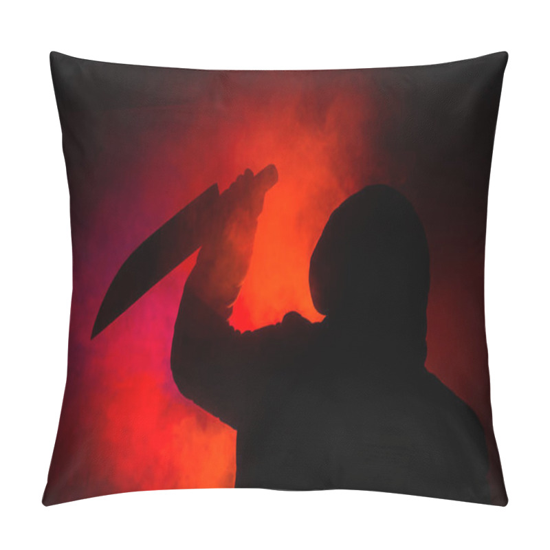 Personality  A Dangerous Hooded Man Standing In The Dark And Holding A Knife. Face Can Not Be Seen. Committing A Crime Concept Pillow Covers