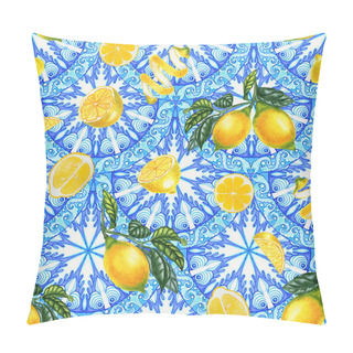 Personality  Mediterranean Seamless Pattern. Blue Majolica Tiles And Yellow Lemons Endless Background. Sicilian Traditional Print For Fabric And Wallpaper. Blue Azulejo. Italian Style. Pillow Covers