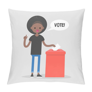 Personality  Vote, Conceptual Illustration. Young Female Black Character Calling For Participation In Elections / Flat Editable Vector Illustration, Clip Art Pillow Covers