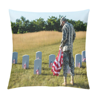 Personality  Military Man In Uniform Holding American Flag In Graveyard  Pillow Covers