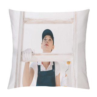 Personality  Pretty Young Painter In Uniform Looking Up While Climbing On Ladder Pillow Covers
