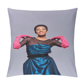 Personality  Positive African American Woman In Cocktail Dress And Pink Gloves Touching Shoulders And Looking At Camera Isolated On Grey, Modern Generation Z Fashion Concept Pillow Covers