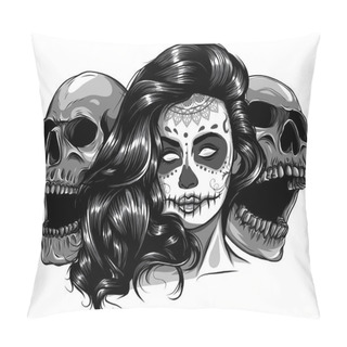 Personality  Monochromatic Sugar Skull Girl Face With Make Up For Day Of The Dead Dia De Los Muertos . Vector Pillow Covers