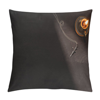 Personality  Top View Of Burning Candle And Cross On Dark Background With Sunlight Pillow Covers