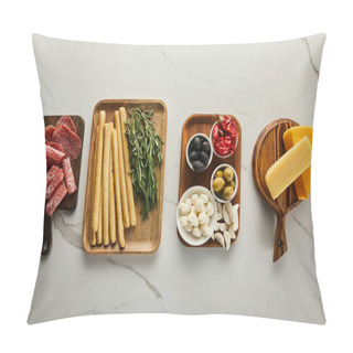 Personality  Flat Lay With Antipasto Ingredients On Boards On White Background Pillow Covers