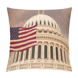 Personality  Beautiful Flag Of The United States Of America Waving With The Strong Wind And Behind It The Dome Of The Capitol USA 3D RENDER, 3D RENDERING.	 Pillow Covers