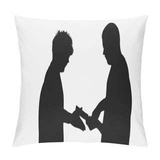 Personality  Silhouette Of Man Taking Money From Employer Isolated On White Pillow Covers