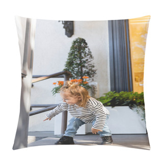 Personality  Smiling Baby Girl In Long Sleeve Shirt And Blue Jeans Standing Near House In Miami  Pillow Covers