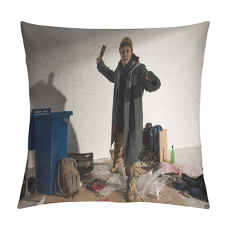 Personality  Drunk Homeless Man Standing In Attacking Pose With Empty Bottle Pillow Covers