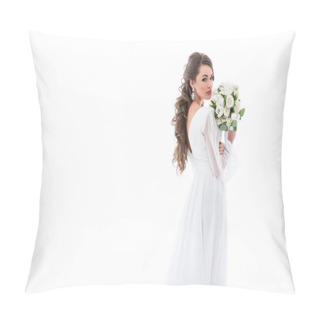 Personality  Bride Posing In White Dress With Wedding Bouquet, Isolated On White Pillow Covers