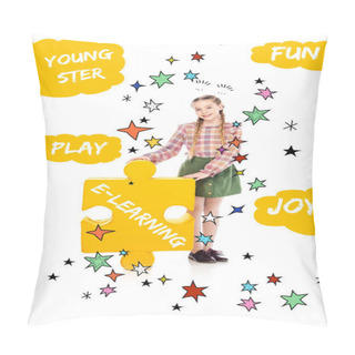 Personality  Smiling Kid With E-learning Lettering On Jigsaw Puzzle Piece Looking At Camera On White Pillow Covers