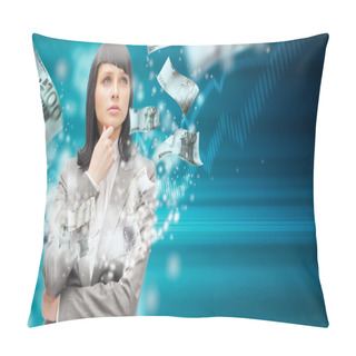 Personality  Woman Standing With Open Arms Amidst Falling Money Pillow Covers