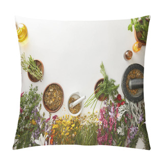 Personality  Top View Of Mortars And Pestles With Herbal Blends Near Flowers On White Background Pillow Covers