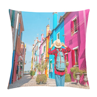 Personality  Happy Asian Traveler Woman Having Fun On Well Known Burano Island Near Venice. Travel And Vacation In Italy Concept Pillow Covers