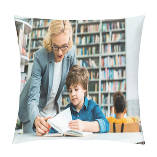 Personality  Beautiful Woman In Glasses Standing Near Cute Kid Reading Book  Pillow Covers