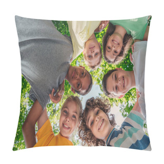 Personality  Bottom View Of Happy Multicultural Children Looking At Camera  Pillow Covers