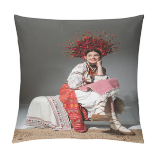 Personality  Full Length Of Happy Ukrainian Woman In Traditional Clothes And Red Wreath With Flowers And Berries On Grey Pillow Covers