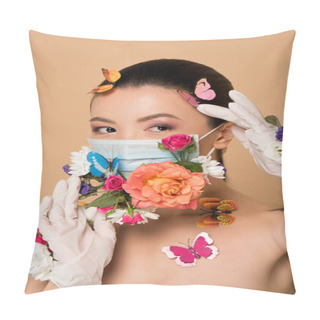Personality  Beautiful Asian Woman In Latex Gloves And Floral Face Mask With Butterflies On Beige Pillow Covers
