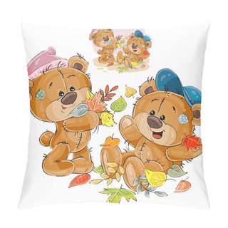 Personality  Vector Illustration Of Two Brown Teddy Bears Playing With Fallen Leaves Pillow Covers