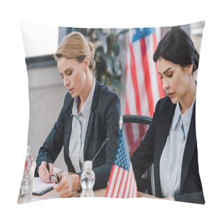 Personality  Attractive Businesswoman Writing Near American Flags  Pillow Covers