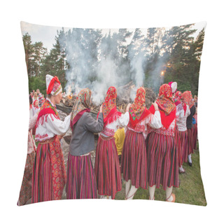 Personality  KIHNU ISLAND, PRNU COUNTY, ESTONIA, EUROPE, ESTONIA - Jun 23, 2013: Women's  In Kihnu Isl Costumes Performing Ritual Dance And Song For Celebrating The Summer  Solstice And To Respect Fishing Boat Set On Fire   Pillow Covers