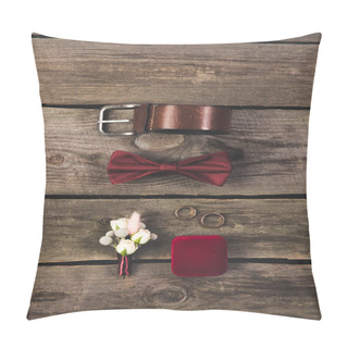 Personality  Flat Lay With Arranged Grooms Accessories And Wedding Rings On Wooden Tabletop Pillow Covers