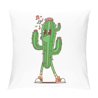 Personality  Cartoon Retro Mexican Cactus Succulent Groovy Character As Hippie Of 70s, Vector Funky Art. Happy Groovy Cactus Whistling Melody Or Singing Song Notes, 70s Hippie Or Hipster Silly Cartoon Character Pillow Covers