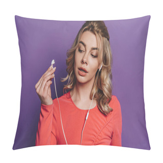 Personality  Thoughtful Girl Looking At Earphone On Purple Background Pillow Covers