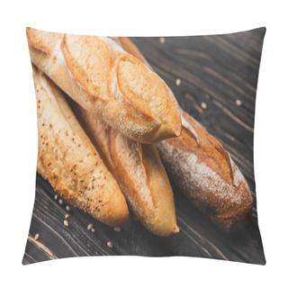 Personality  Fresh Baked Baguette Loaves On Wooden Surface Pillow Covers