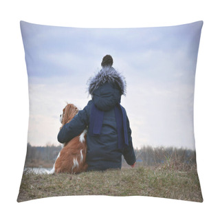 Personality  On The Shore Of The Lake, Against The Background Of Nature, A Child Sits In Warm Clothes And Hugs A Red Dog. The Concept Of Treating Animals Well Pillow Covers