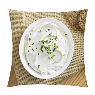 Personality  Cream Cheese, Quark Or Yogurt In A White Bowl. Dairy Product With Fresh Herbs, Healthy Eating Theme. Wooden Table Background. Pillow Covers