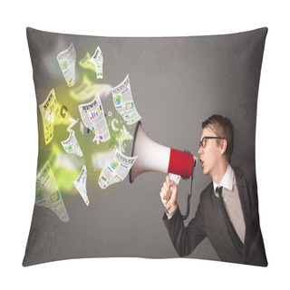 Personality  Guy Yelling Into Loudspeaker And Newspapers Fly Out Pillow Covers