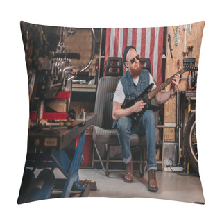 Personality  Bearded Man Playing Electric Guitar At Garage With Usa Flag Hanging On Wall Pillow Covers