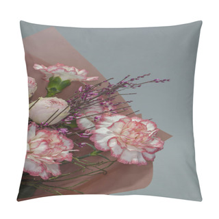 Personality  Detail Close Up Of Beautiful Summer Bouquet In Bright Colors, Gray Backdrop, Selective Focus Pillow Covers
