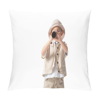 Personality  Explorer Boy In Glasses And Hat Looking Through Spyglass Isolated On White Pillow Covers