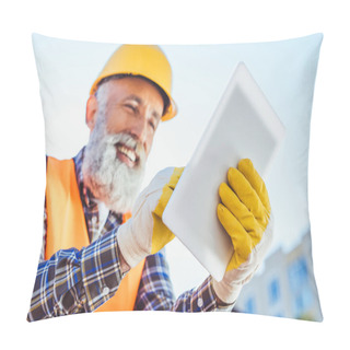 Personality  Construction Worker Using Digital Tablet Pillow Covers