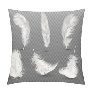 Personality  Vector 3d Realistic Different Falling White Fluffy Twirled Feather Set Closeup Isolated On Transparency Grid Background. Design Template, Clipart Of Angel Or Bird Detailed Feather In Various Shapes Pillow Covers