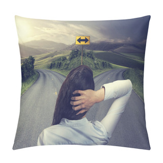 Personality  Business Woman In Front Of Two Roads Thinking Deciding Pillow Covers